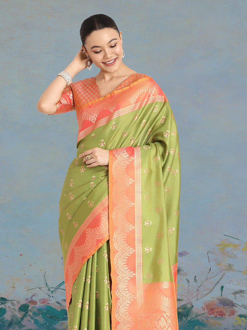 Monjolika Fashion Olive Green Color Weaving Banarasi Tissue Silk Classic Saree