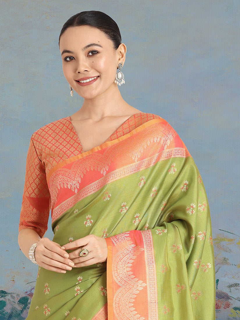 Monjolika Fashion Olive Green Color Weaving Banarasi Tissue Silk Classic Saree