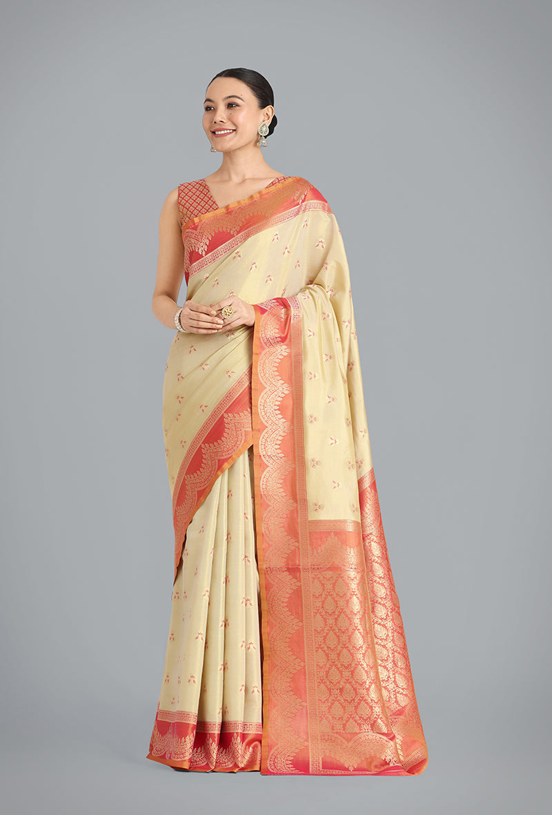 Monjolika Fashion Cream Color Weaving Banarasi Tissue Silk Classic Saree