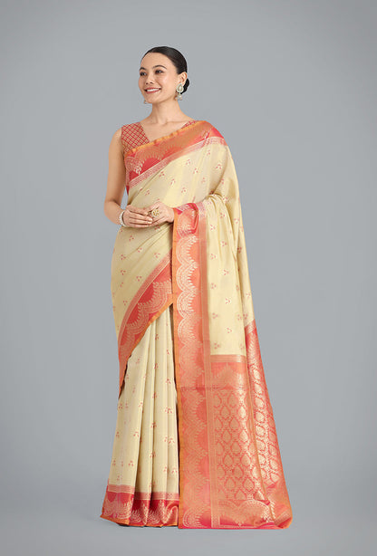 Monjolika Fashion Cream Color Weaving Banarasi Tissue Silk Classic Saree