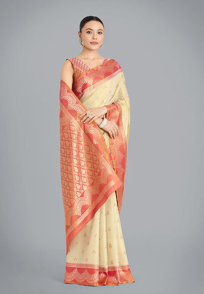 Monjolika Fashion Cream Color Weaving Banarasi Tissue Silk Classic Saree