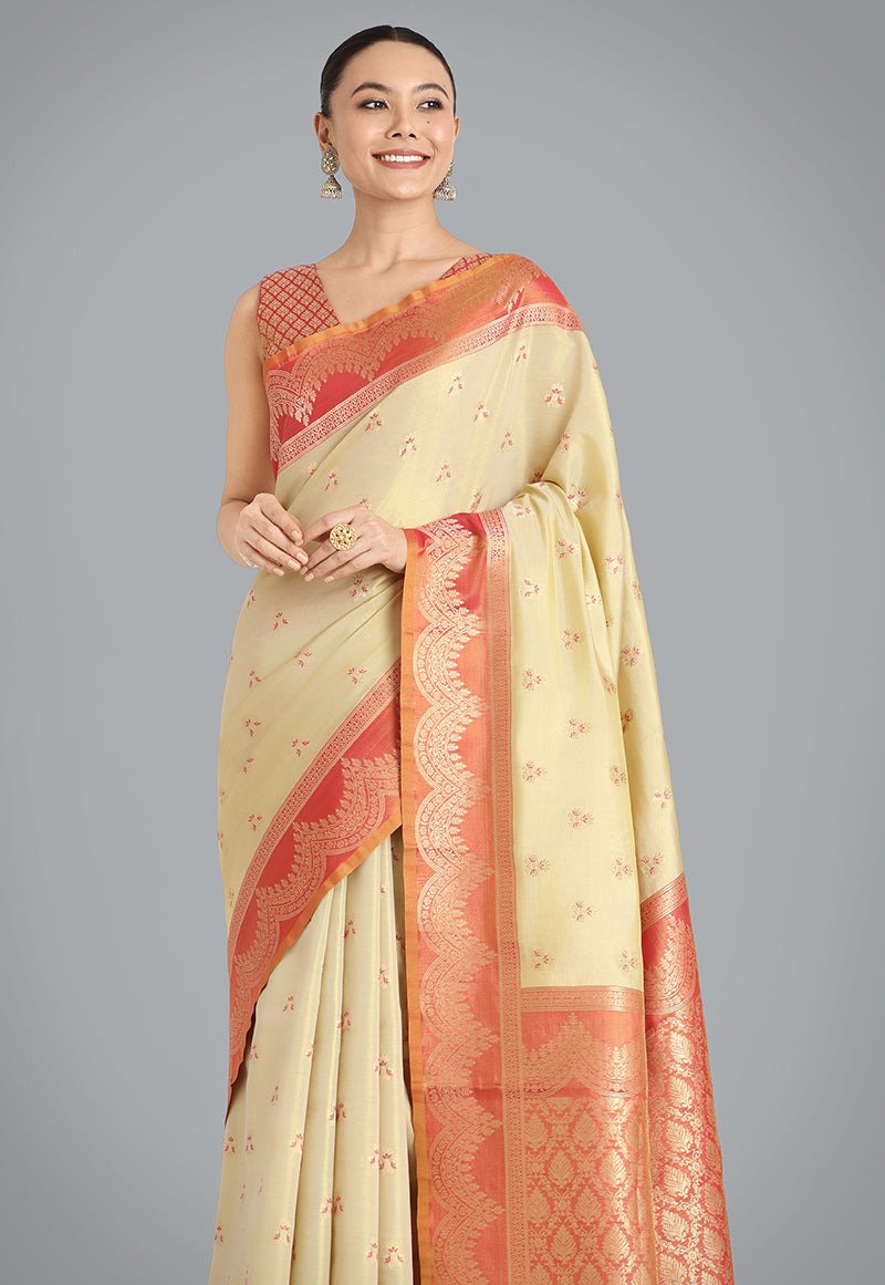 Monjolika Fashion Cream Color Weaving Banarasi Tissue Silk Classic Saree
