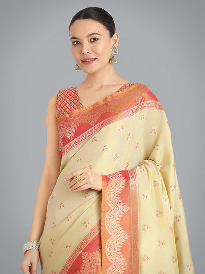 Monjolika Fashion Cream Color Weaving Banarasi Tissue Silk Classic Saree