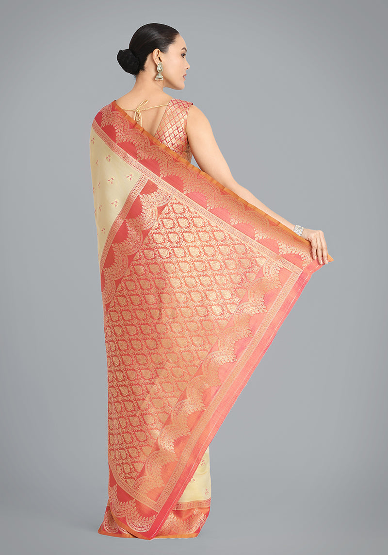 Monjolika Fashion Cream Color Weaving Banarasi Tissue Silk Classic Saree