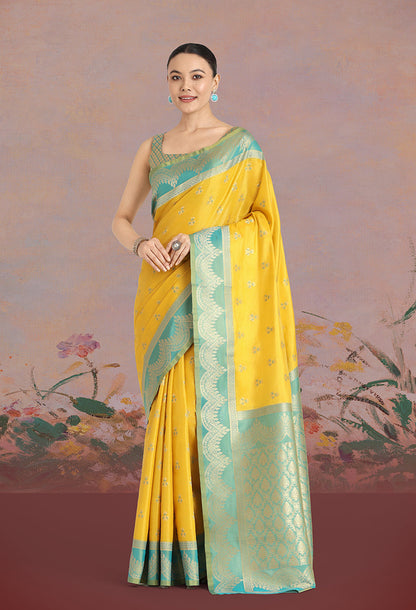 Monjolika Fashion Yellow Color Weaving Banarasi Tissue Silk Classic Saree