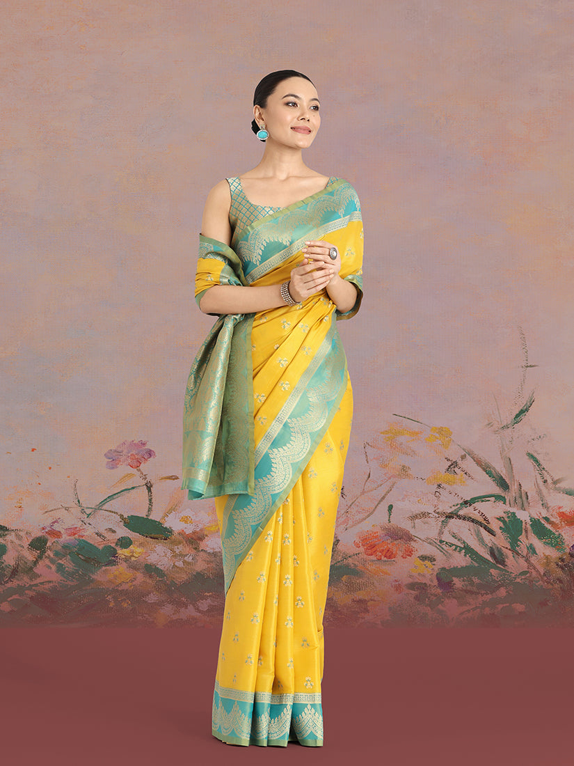 Monjolika Fashion Yellow Color Weaving Banarasi Tissue Silk Classic Saree