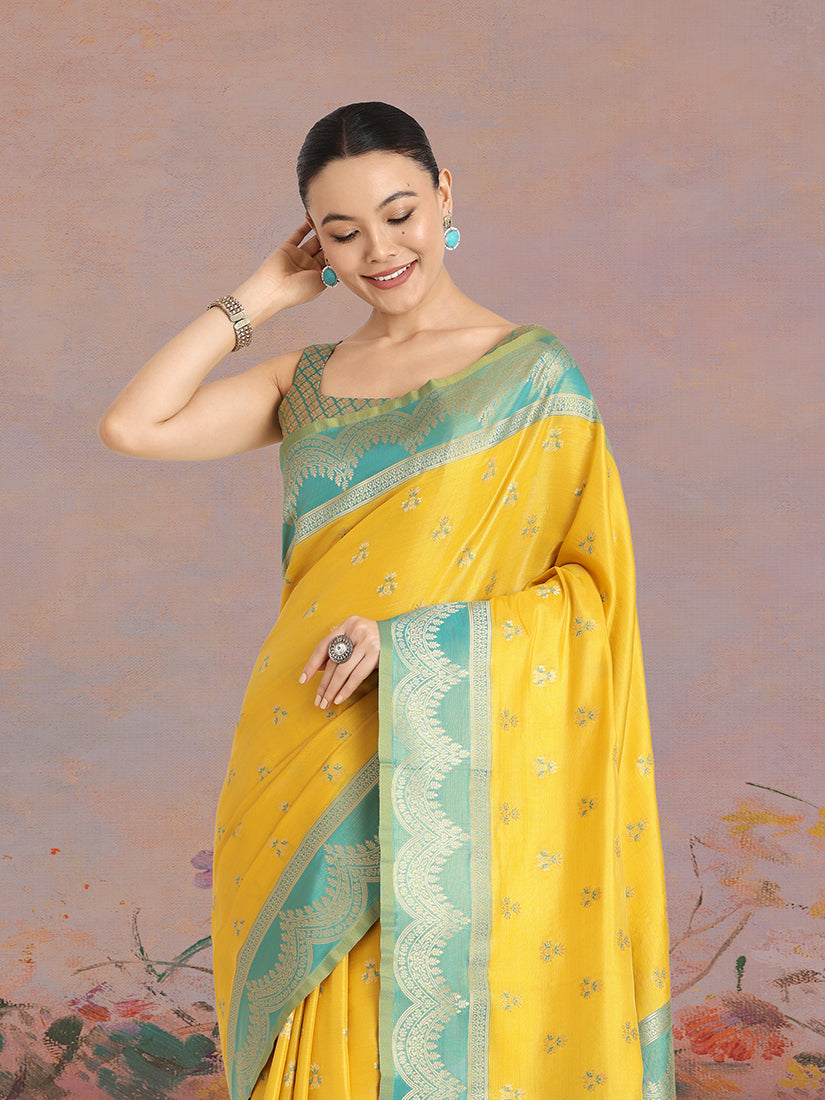 Monjolika Fashion Yellow Color Weaving Banarasi Tissue Silk Classic Saree