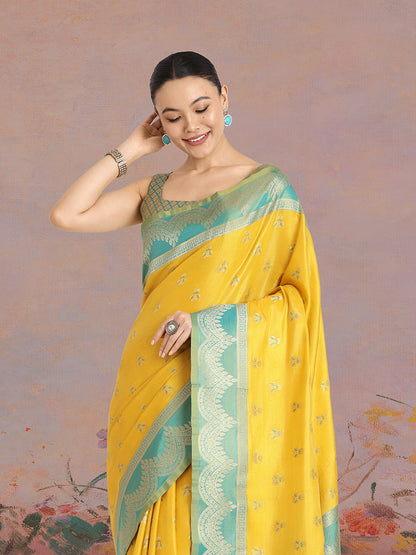 Monjolika Fashion Yellow Color Weaving Banarasi Tissue Silk Classic Saree