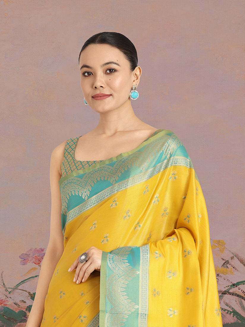 Monjolika Fashion Yellow Color Weaving Banarasi Tissue Silk Classic Saree