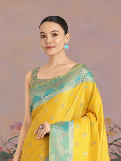 Monjolika Fashion Yellow Color Weaving Banarasi Tissue Silk Classic Saree