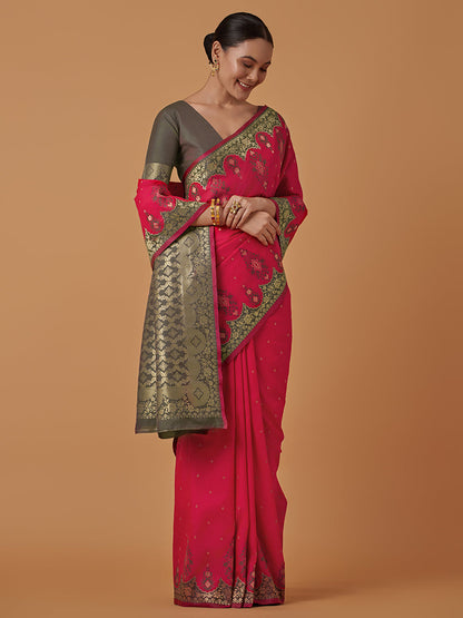 Monjolika Fashion Pink Banarasi Silk Blend SareeWith Zari Woven Rich Brocade Design