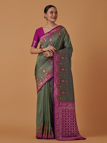 Monjolika Fashion Olive Banarasi Silk Blend SareeWith Zari Woven Rich Brocade Design