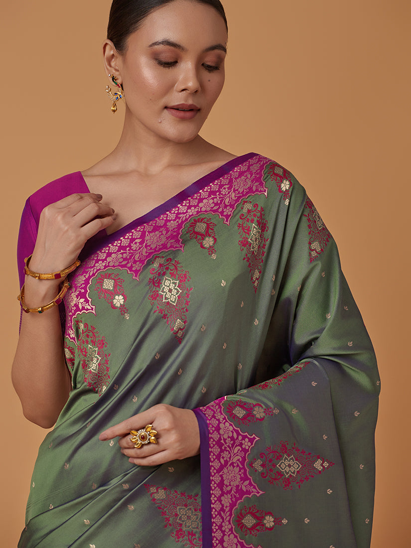 Monjolika Fashion Olive Banarasi Silk Blend SareeWith Zari Woven Rich Brocade Design