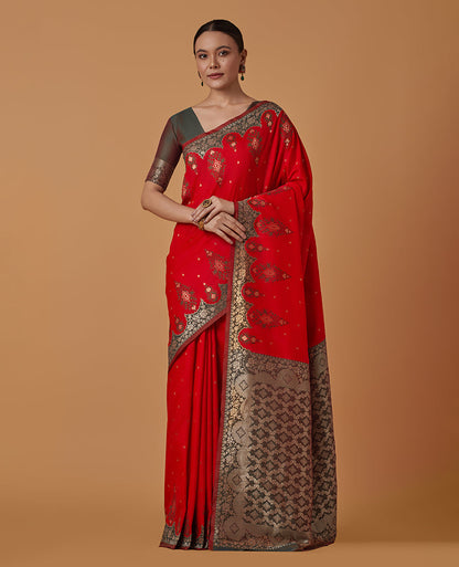 Monjolika Fashion Red Banarasi Silk Blend SareeWith Zari Woven Rich Brocade Design