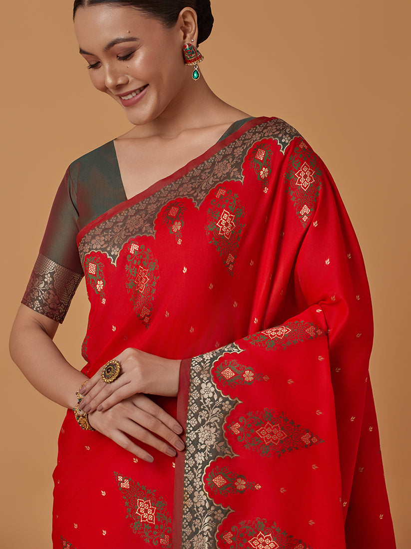 Monjolika Fashion Red Banarasi Silk Blend SareeWith Zari Woven Rich Brocade Design