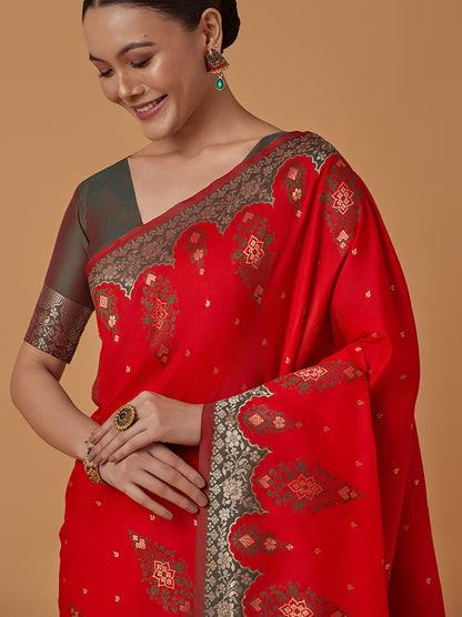 Monjolika Fashion Red Banarasi Silk Blend SareeWith Zari Woven Rich Brocade Design