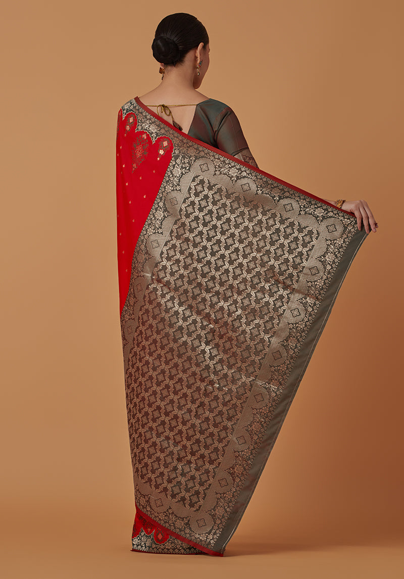 Monjolika Fashion Red Banarasi Silk Blend SareeWith Zari Woven Rich Brocade Design