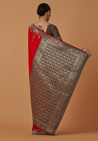 Monjolika Fashion Red Banarasi Silk Blend SareeWith Zari Woven Rich Brocade Design