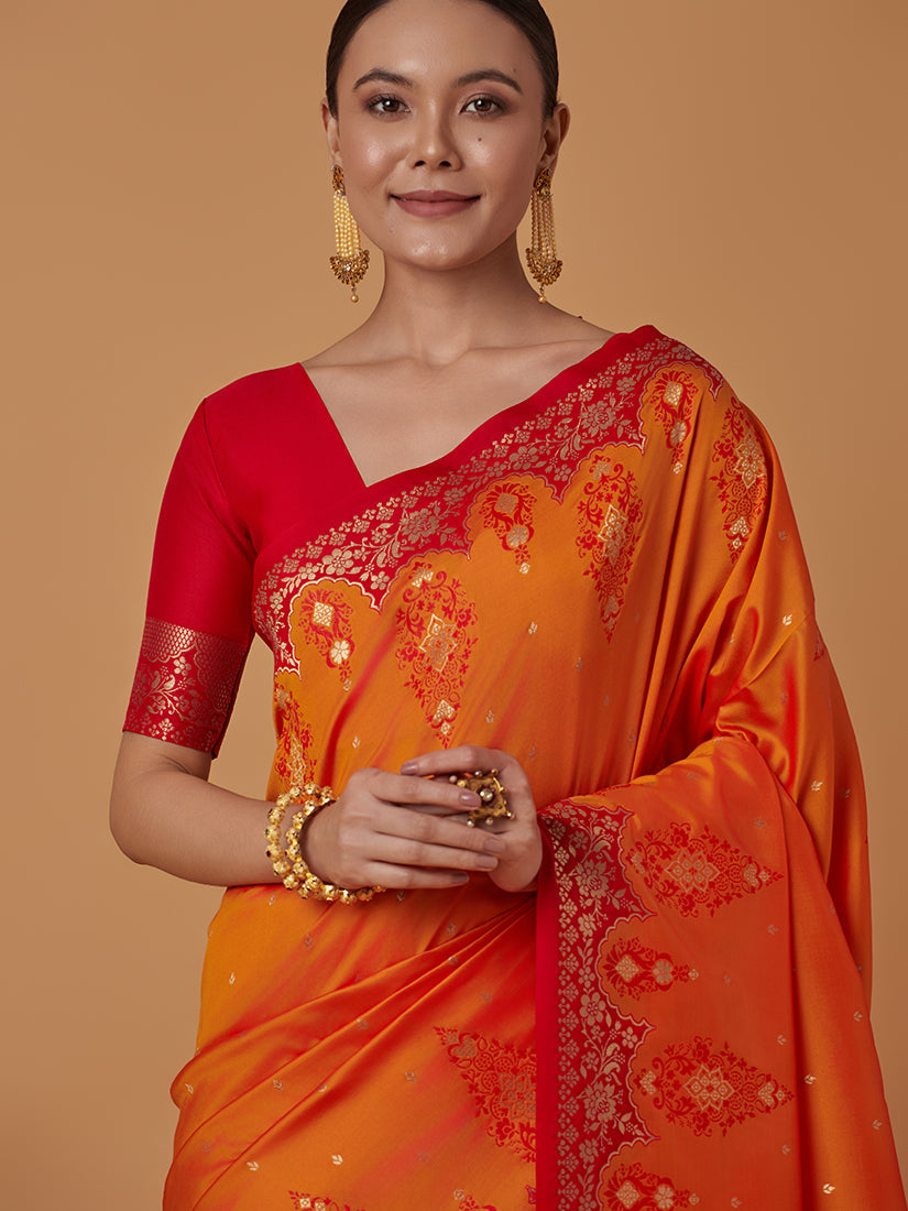 Monjolika Fashion Amber Banarasi Silk Blend SareeWith Zari Woven Rich Brocade Design