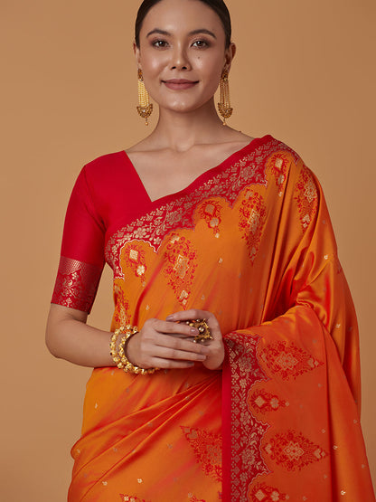 Monjolika Fashion Amber Banarasi Silk Blend SareeWith Zari Woven Rich Brocade Design