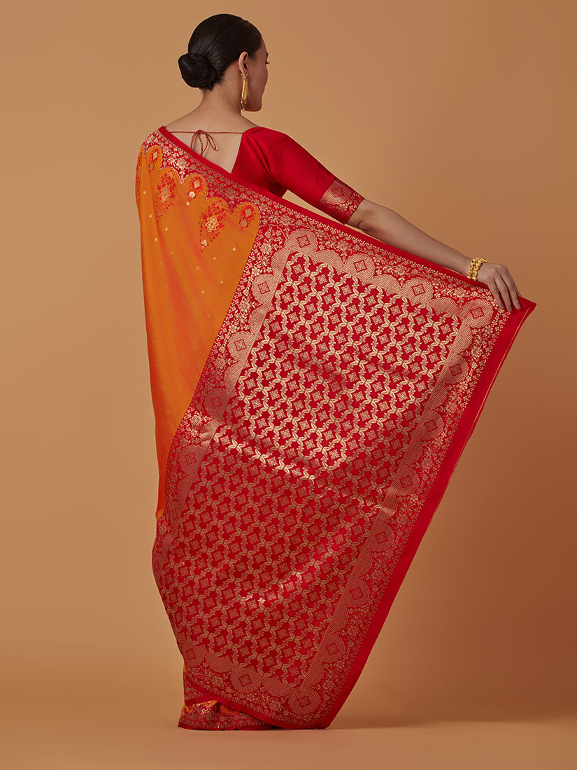 Monjolika Fashion Amber Banarasi Silk Blend SareeWith Zari Woven Rich Brocade Design