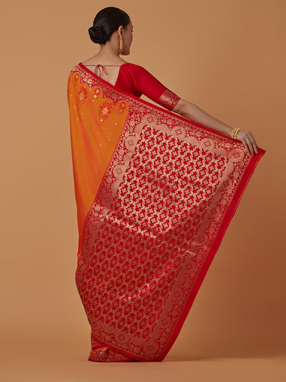 Monjolika Fashion Amber Banarasi Silk Blend SareeWith Zari Woven Rich Brocade Design