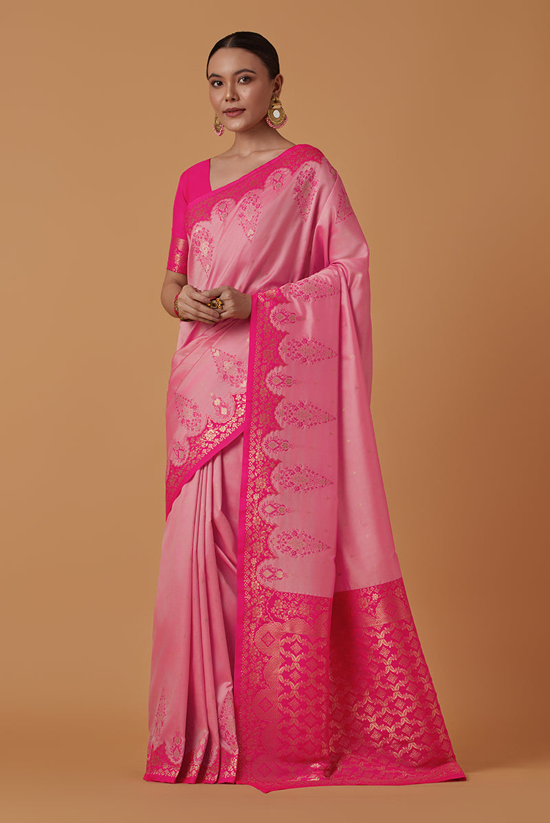 Monjolika Fashion Light Pink Banarasi Silk Blend SareeWith Zari Woven Rich Brocade Design