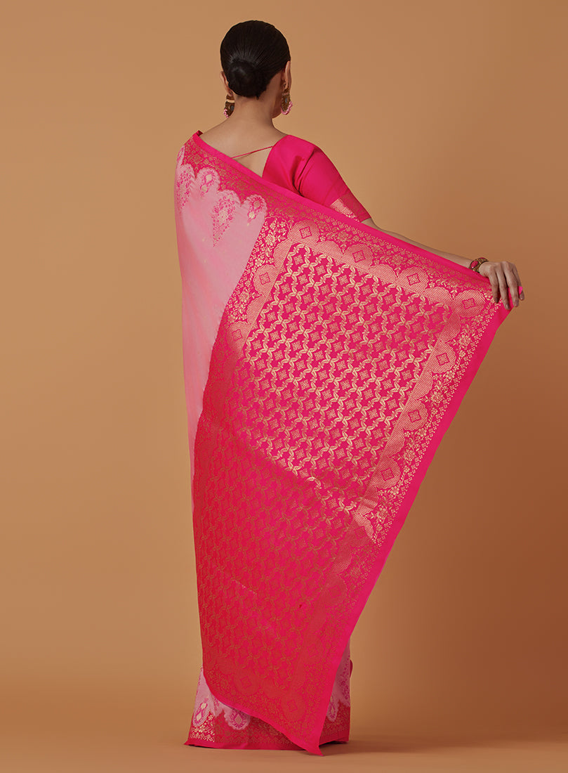 Monjolika Fashion Light Pink Banarasi Silk Blend SareeWith Zari Woven Rich Brocade Design