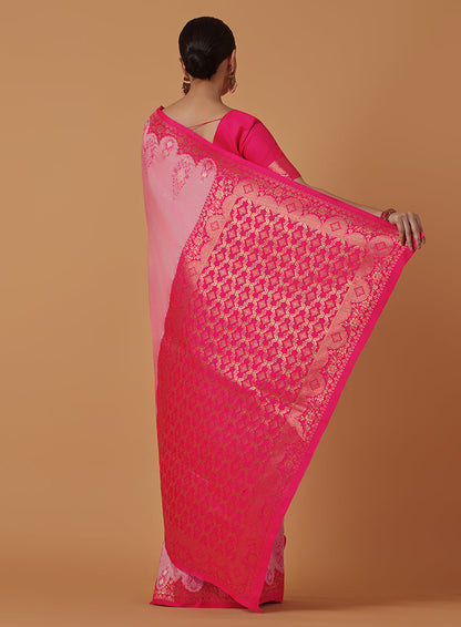 Monjolika Fashion Light Pink Banarasi Silk Blend SareeWith Zari Woven Rich Brocade Design