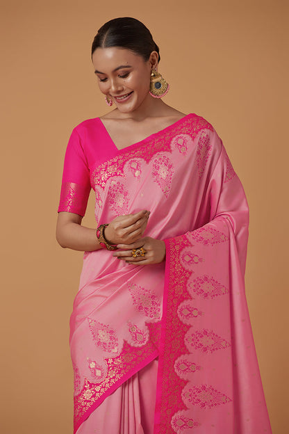 Monjolika Fashion Light Pink Banarasi Silk Blend SareeWith Zari Woven Rich Brocade Design