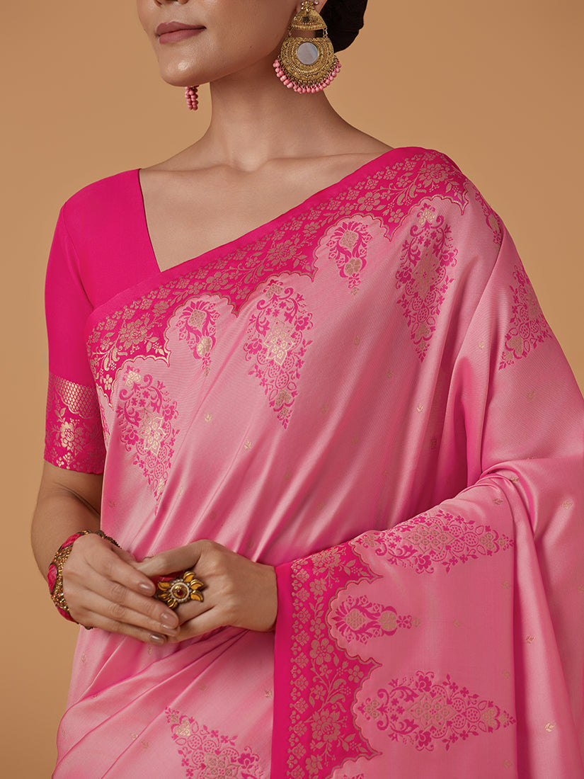 Monjolika Fashion Light Pink Banarasi Silk Blend SareeWith Zari Woven Rich Brocade Design