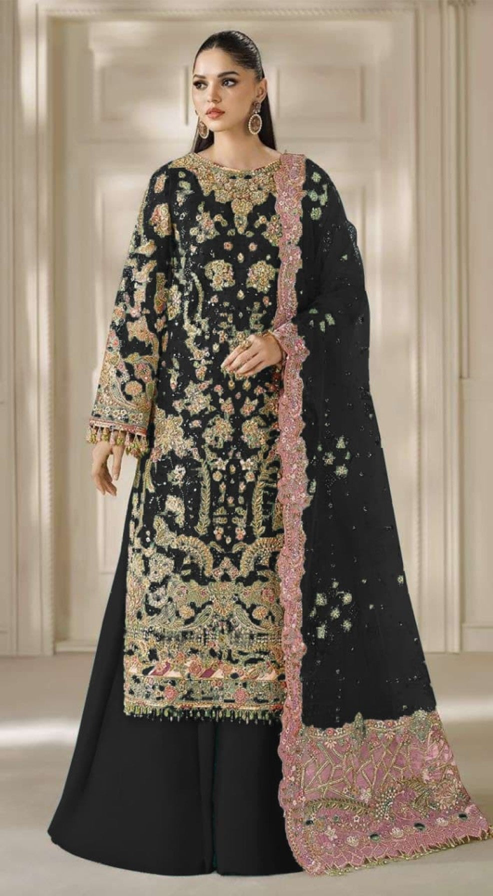 Anaita Black Chiffon Semi Stitched Suit with Embroidery & Sequence Work