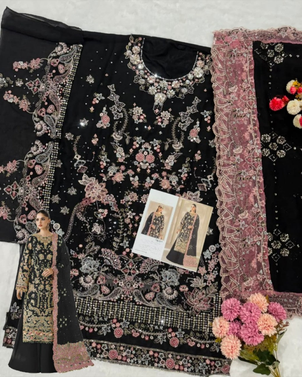Anaita Black Chiffon Semi Stitched Suit with Embroidery & Sequence Work