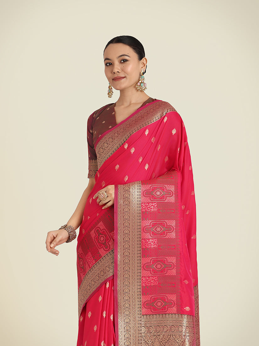 Monjolika Fashion Pink Color Banarasi Soft Silk Trendy Saree