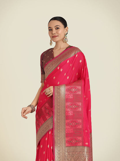 Monjolika Fashion Pink Color Banarasi Soft Silk Trendy Saree