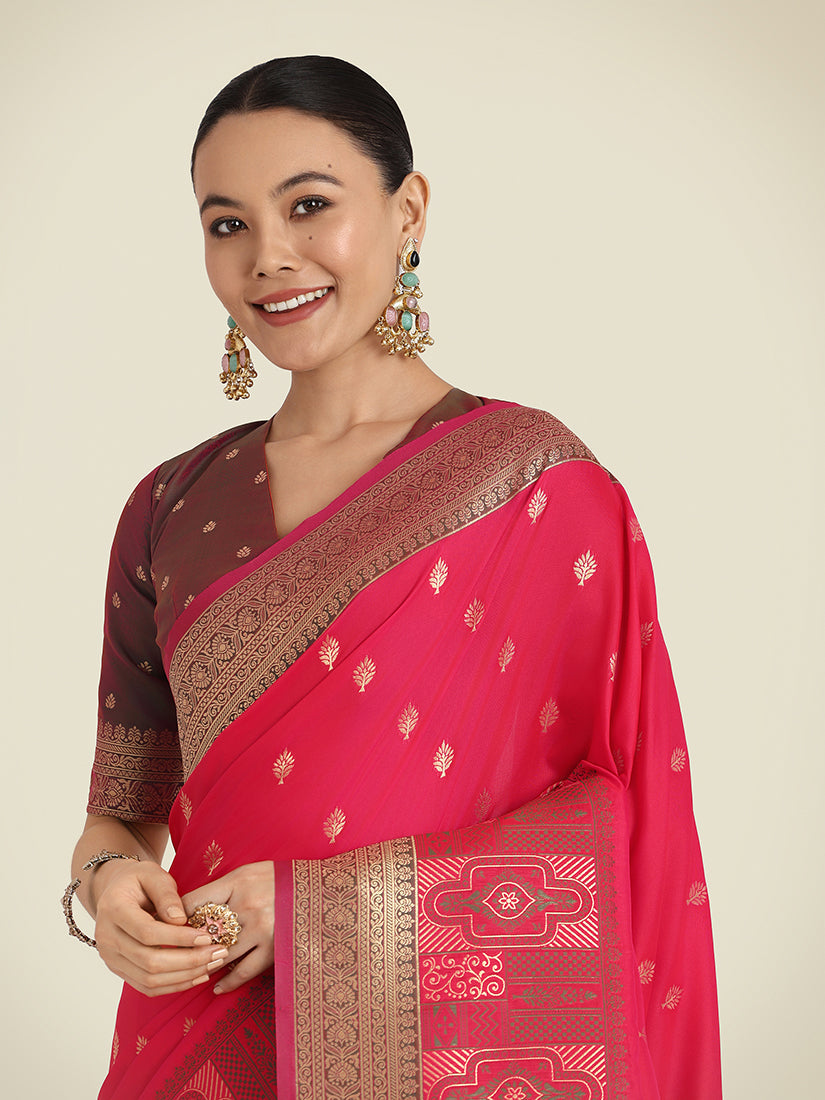 Monjolika Fashion Pink Color Banarasi Soft Silk Trendy Saree