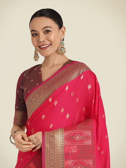 Monjolika Fashion Pink Color Banarasi Soft Silk Trendy Saree