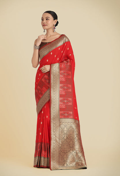 Monjolika Fashion Red Color Banarasi Soft Silk Trendy Saree