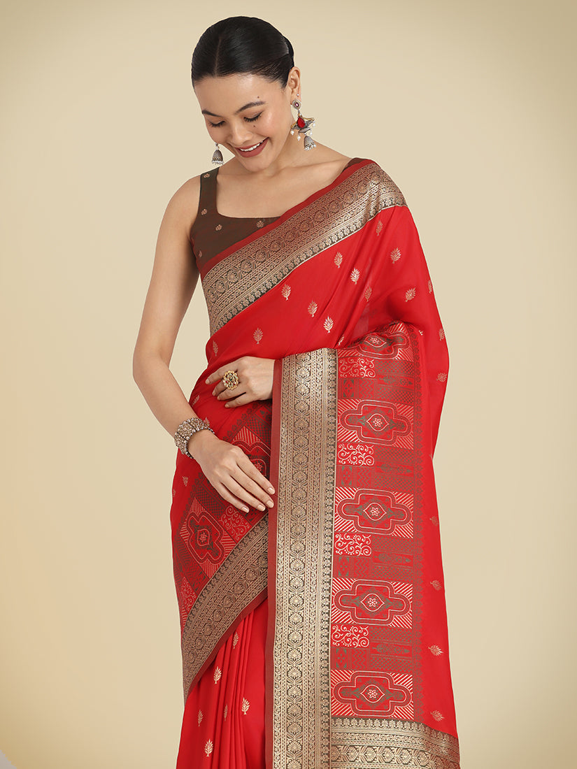 Monjolika Fashion Red Color Banarasi Soft Silk Trendy Saree
