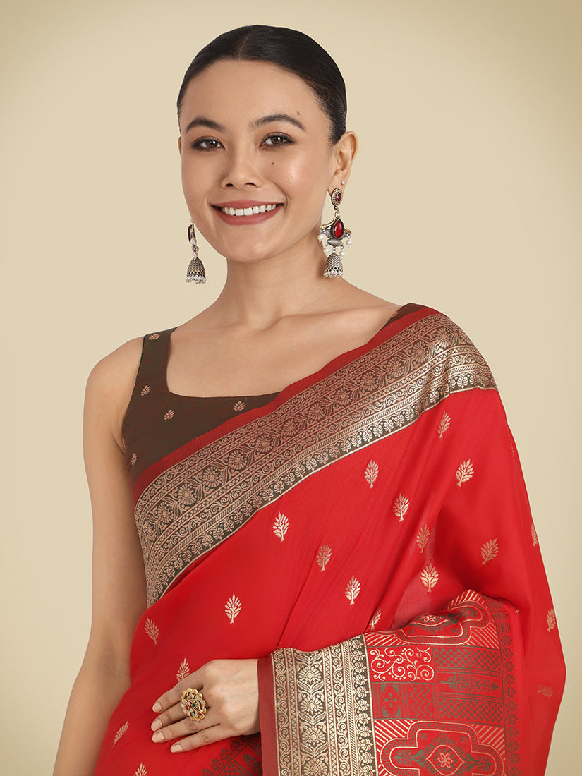 Monjolika Fashion Red Color Banarasi Soft Silk Trendy Saree