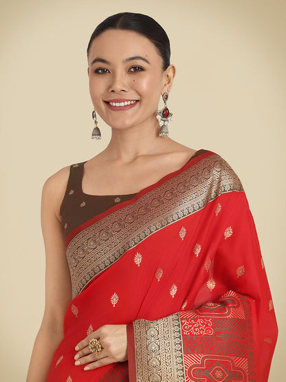 Monjolika Fashion Red Color Banarasi Soft Silk Trendy Saree