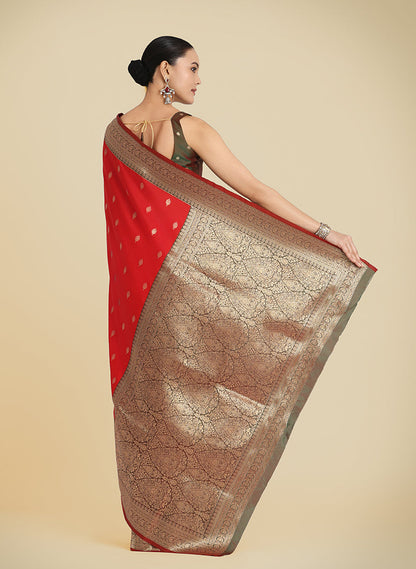 Monjolika Fashion Red Color Banarasi Soft Silk Trendy Saree