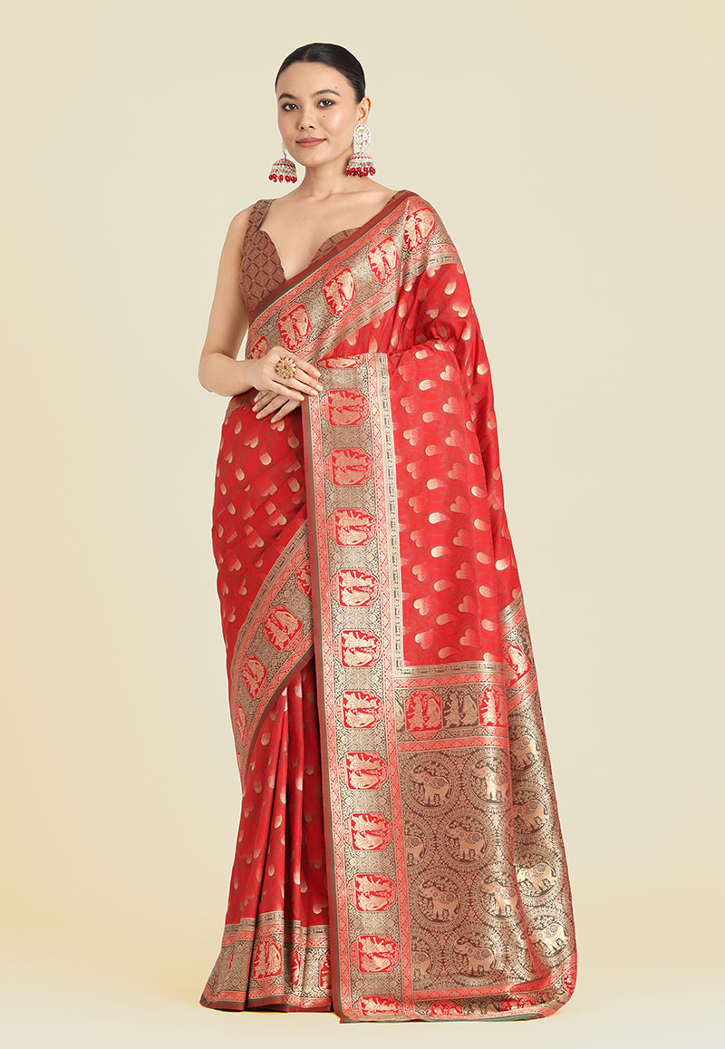 Monjolika Fashion Red Color Weaving Banarasi Silktraditional Saree