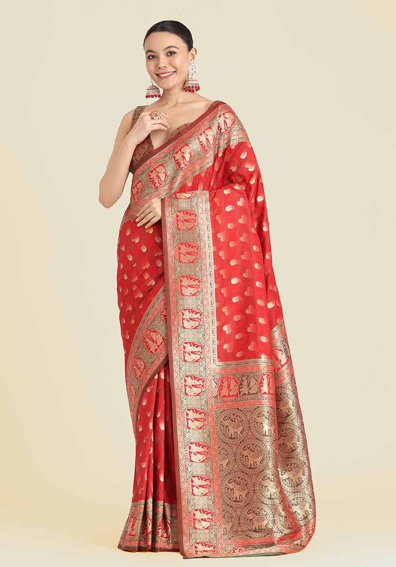 Monjolika Fashion Red Color Weaving Banarasi Silktraditional Saree