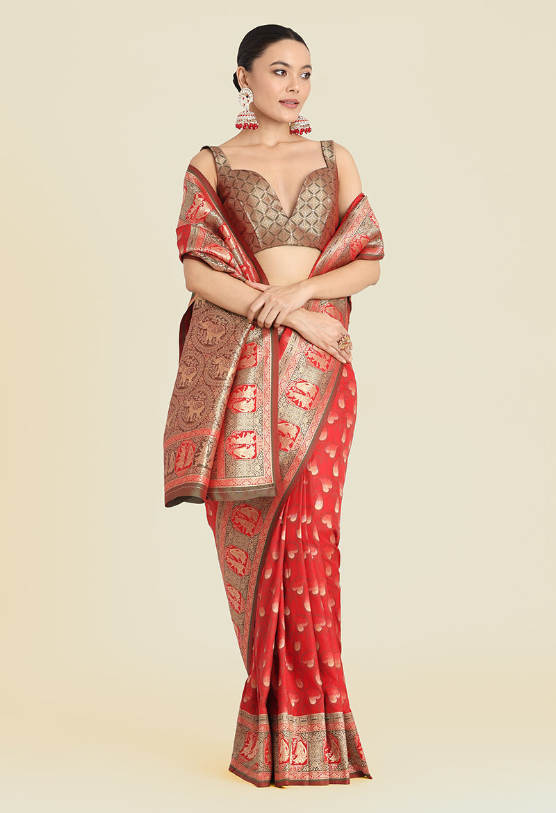 Monjolika Fashion Red Color Weaving Banarasi Silktraditional Saree