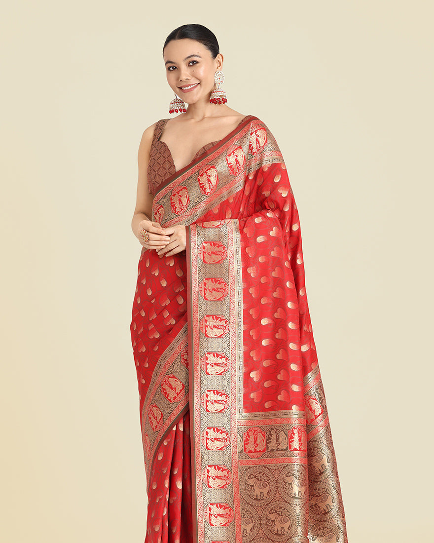 Monjolika Fashion Red Color Weaving Banarasi Silktraditional Saree