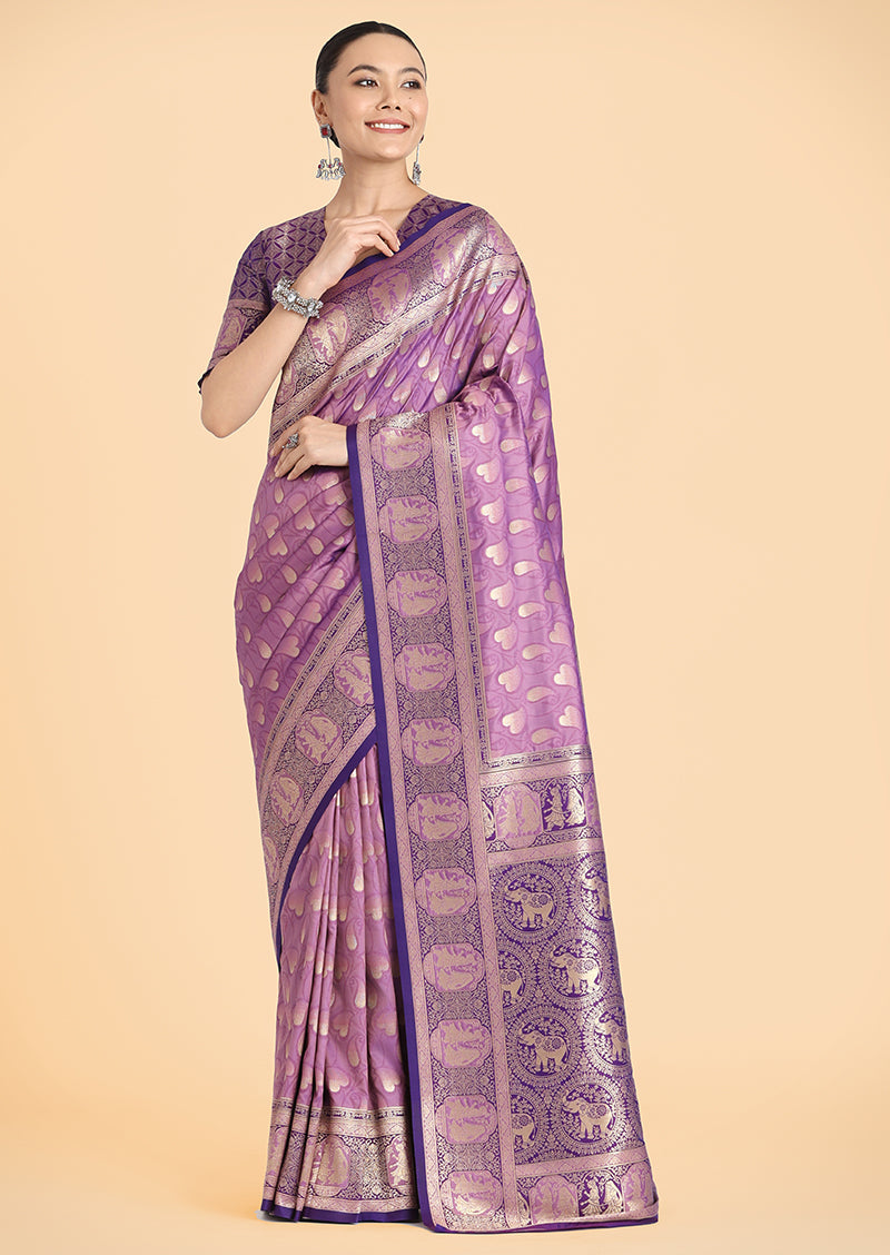 Monjolika Fashion Lavender Color Weaving Banarasi Silktraditional Saree