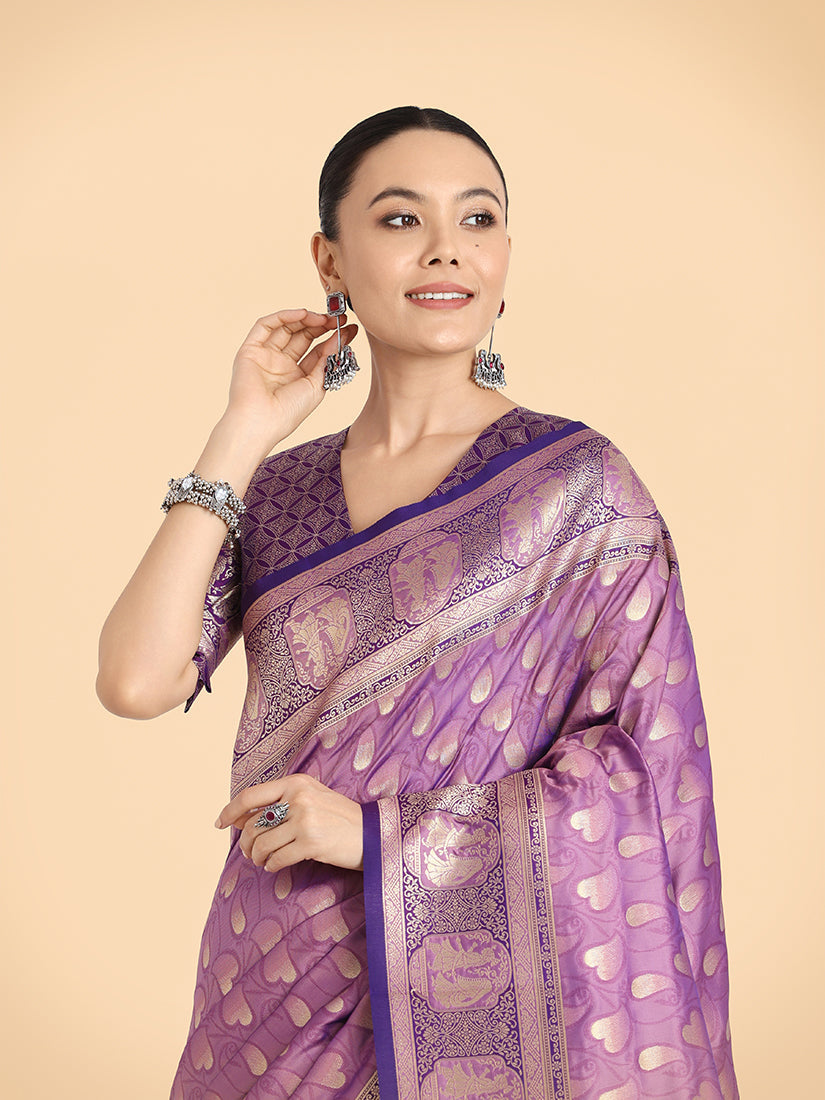 Monjolika Fashion Lavender Color Weaving Banarasi Silktraditional Saree