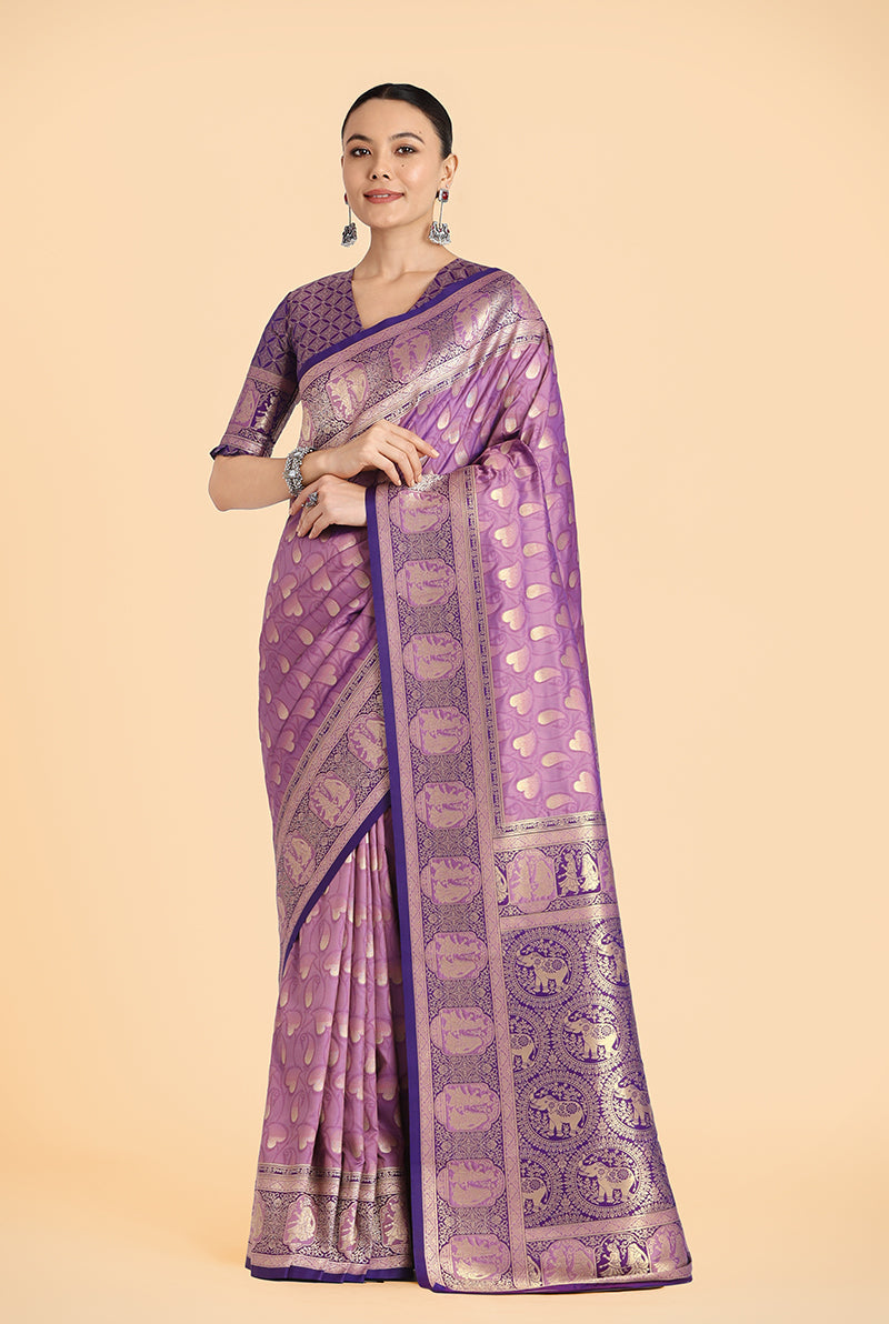 Monjolika Fashion Lavender Color Weaving Banarasi Silktraditional Saree