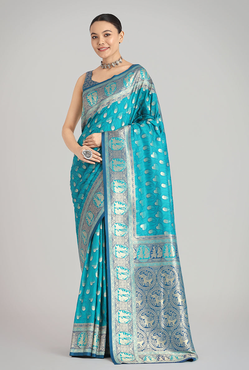 Monjolika Fashion Turquoise Blue Color Weaving Banarasi Silktraditional Saree